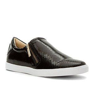 Nine West Busybee Zippered Black Snakeskin Patent Faux Leather Slip On Loafers